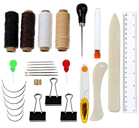 Hicarer Buchbinder Set, Buchbinden Werkzeug, 28 Stück | Fingerhut, Nadeleinfädler, Falzbein, Papierfalter, Foldback-Klammern, Buchbinderahle, Lineal, Book Binding Kit