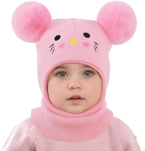 MASOCIO Schlupfmütze Kinder Junge Mädchen Warme Schalmütze Kleinkind Niedliches Wintermütze mit Bommel Pom Pom Mütze 1-8 Jahre