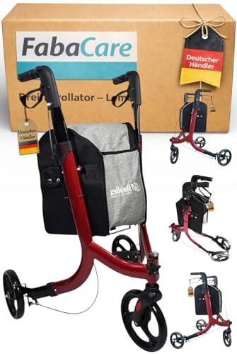 FabaCare Dreirad Rollator, Lemur, Delta-Rollator, sehr Agil, faltbar, Einkaufstasche, Farbe weinrot