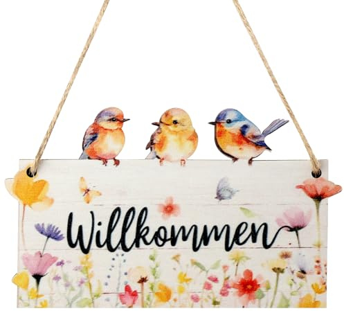 WOKICOR Türschild Willkommen Herzlich, 12 x 20 cm Hallo Frühling Gartendeko Türhänger Deko Garten Willkommensschild, Hängendes Holzschild Deko, Hängend Frühling Schild für Garten Haustür Hintertür