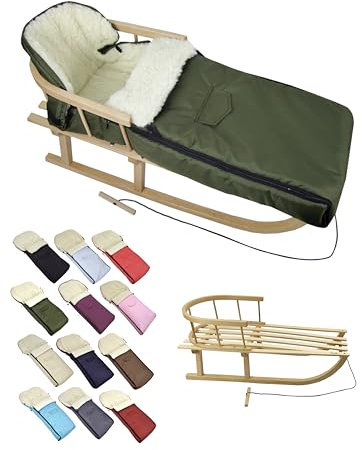 BambiniWelt Holzschlitten mit Rückenlehne & Zugseil + Winterfußsack 108 cm – warme Lammwolle, wasserabweisend – Kombi-Set für Kinderwagen & Buggy, Farbe: Olive