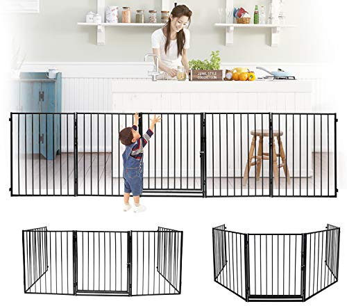 Ansobea Kaminschutzgitter mit Tür Metall 304 cm | Absperrgitter Hund Ofenschutzgitter faltbar | 5-teiligTierschutzgitter und Kids Treppenschutzgitter für Kinder-Sicherung (Schwarz)