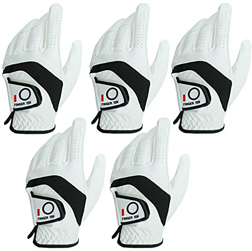 LOVMEAD Golfhandschuhe Herren Linke Hand 5 Stück, Allwetter Leder Cabretta Griff Golf Handschuh Links Hand Weicher Komfort Passform Größe L (Linke Hand, L)