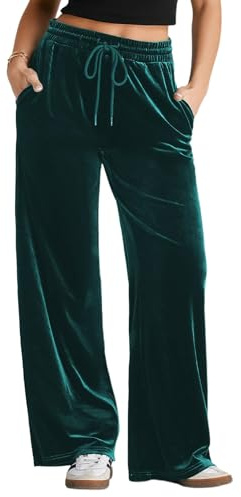 Herseas Damen-Samt-Hose, Kordelzug an der Taille, weites Bein, lässige Lounge-Hose, Smaragdrün, Groß