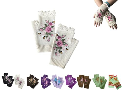 YAQUEKOU Handgestickt Fingerlose Handschuhe Damen Winter Blumen Stickerei Armstulpen Handschuhe Damen Pulswärmer Strick Handstulpen Kurz Gestrickte Halb Fingerlose Fäustlinge Fingerlose Handwärmer
