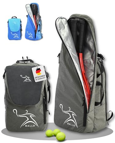 BALLO® Tennisrucksack Tennistasche [NEUHEIT] Schlägertasche Rucksack Tasche Tennis Badminton | Damen Herren mit Schuhfach & geschlossenem Schläger Fach Farbe Grau