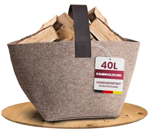 Designer Kaminholzkorb Filz [40L] - Made in Germany Holzkorb für Kaminholz aus Wollfilz mit Echtlederhenkel - Feuerholzkorb standfest und stabil (Beige - 40L)