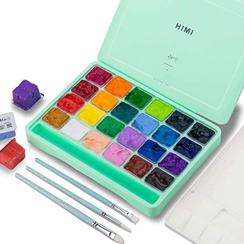 HIMI Gouache-Farbenset, 24 Farben x 30 ml, einzigartiges Geleebecher-Design mit 3 Malpinseln und einer Palette in einer Tragetasche, perfekt für Künstler, Studenten, Gouache-Aquarellmalerei (Grün)