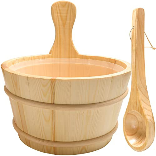 Sauna Holzeimer und Schöpfkelle Set, Saunazubehör mit Einsatz für Sauna & Spa aus edlem finnischen Kiefernholz