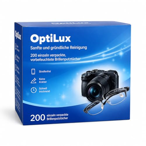 OptiLux Brillenreinigungstücher mit Alkohol 200 Stück – einzeln verpackt, streifenfrei, schnell trocknend, ohne Kratzer – Reinigungstücher für Brille, Kamera, Smartphone & Display
