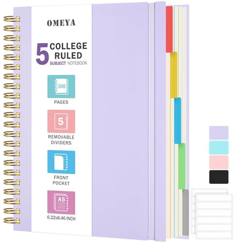 Notizbuch, Notizbuch A5 Liniert, Notizbücher Mit 5 Fächern Und Herausnehmbaren Trennblättern, 300 Blatt 100GSM Spiral Notizbuch Softcover Zum Schreiben, Für Arbeit Und Schulbedarf, 15.8 x 21.5cm, Lila