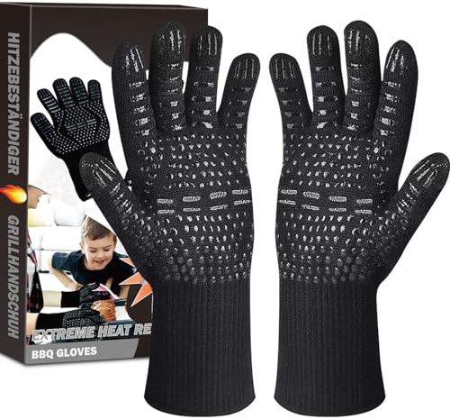 Karrong Grillhandschuhe Hitzebeständig bis 800°C, Feuerfeste Ofenhandschuhe Topfhandschuhe Handschuhe BBQ Handschuhe Kochhandschuhe Backhandschuhe Backofenhandschuhe (Schwarz, S/M)