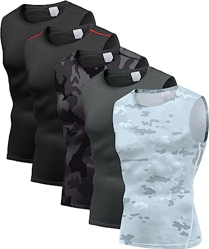 Holure Herren 5er Pack Kompressionsshirt Tank Top Quick Dry Ärmelloses Muskel Shirt Funktionsshirt Schwarz/Schwarz-Rot Linie/Camo Schwarz01/Grau/Camo Weiß 04-S