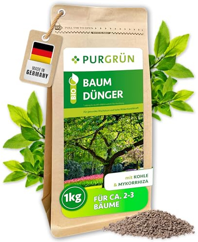 Purgrün® Bio-Baumdünger 1 kg – Gesundes Wachstum dank Mykorrhiza – Pflanzenkohle verbessert die Bodenqualität – Extra Magnesium für sattgrünes Laub ohne Verfärbungen – Granulat für 2-3 Bäume