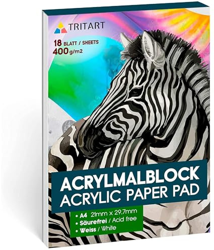 Tritart Acryl-Papier A3 400g/m2 | Malblock für Acrylfarben 20 Blatt weiß | hochwertiges Acryl Zeichenpapier säurefrei | schweres Malpapier für Acrylmalerei und Ölmalerei | kopfseitig geleimt