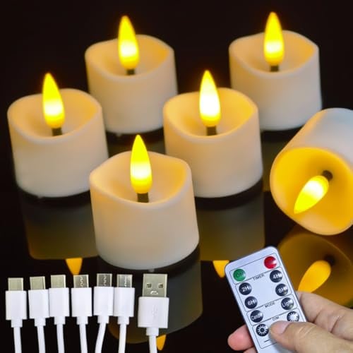 Wiederaufladbare Led Teelichter Kerzen mit Fernbedienung & Timer,6 Stück | flackernde, Warmweiß flammenlose elektrische USB-C aufladbar LED Teelichter für Weihnachten Hochzeiten Halloween