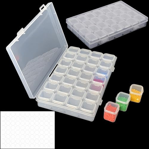 DAWOOWF 28Fächer Unabhängige Sortierbox,Sortierboxen für Kleinteile Diamond Painting Aufbewahrungsbox mit Leere handgeschriebene Aufkleber (2)