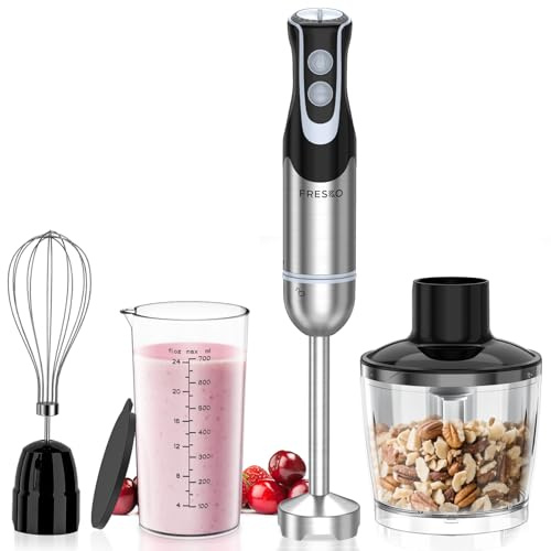 FRESKO 4-in-1 Stabmixer Edelstahl, 1000W Pürierstab mit 12 Geschwindigkeiten und Turbo-Modi, Inklusive Schneebesen, 500ml Lebensmittelhacker und 700ml Messbecher, für Babynahrung, Suppe, Smoothies