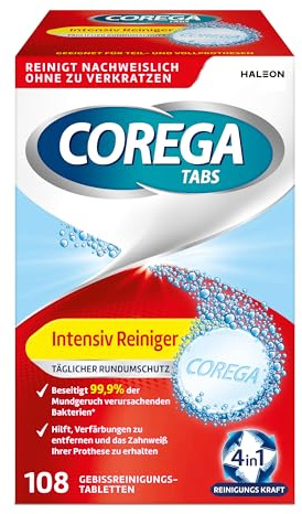 Corega Reinigungs-TABS Intensiv Gebissreiniger Rundumschutz für herausnehmbaren Zahnersatz/dritte Zähne, 1x108 Gebissreinigungstabletten