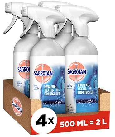 Sagrotan Hygiene-Textilerfrischer Frische Wäsche – Entfernt festsitzende Gerüche und geruchsbildende Bakterien – Für Kleidung und Wohntextilien – 4 x 500 ml