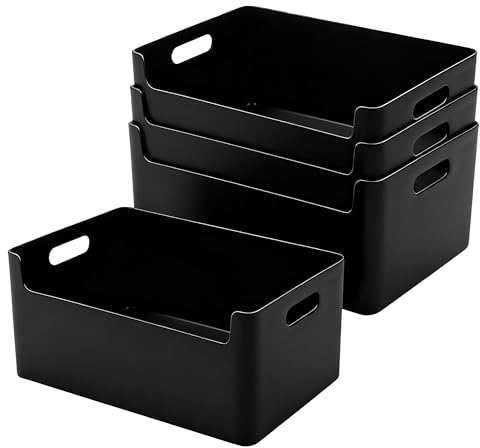 LYLIDIA 4 Stück Ordnungsbox Aufbewahrungsbox 6.3L (Schwarz 4*26cm) | Recycelbarer Kunststoff Boxen Aufbewahrung, Niedrige Vorderseite Aufbewahrungskorb, Allzweckboxen Organizer Küche Schrank Bad