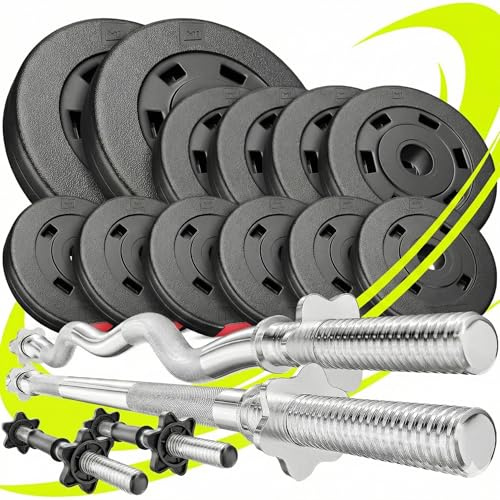 Hop-Sport Hantelset 45 kg | SZ Stange 120 cm + Langhantel 167 cm + 2 Kurzhanteln 45 cm Ø 30 mm | Bitumen Hantelscheiben aus Kunststoff | Gewichtsscheiben 30 mm | Krafttraining Zuhause & Home Gym