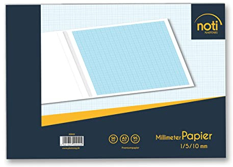 Plastoreg Millimeterpapier/Millimeterblock A3-50 Seiten Premiumpapier 95g/m² mit blauen Raster/Linien in 1/5/10mm u.a. für technische Zeichnungen