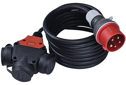RoadEu CEE Schuko Adapter, 380V auf 220V Starkstrom Adapter 16A Stecker auf 3X 220V Schuko Kupplung, 5x2,5mm Gummi Starkstromkabel 5 Meter, Verlängerungskabel 5m