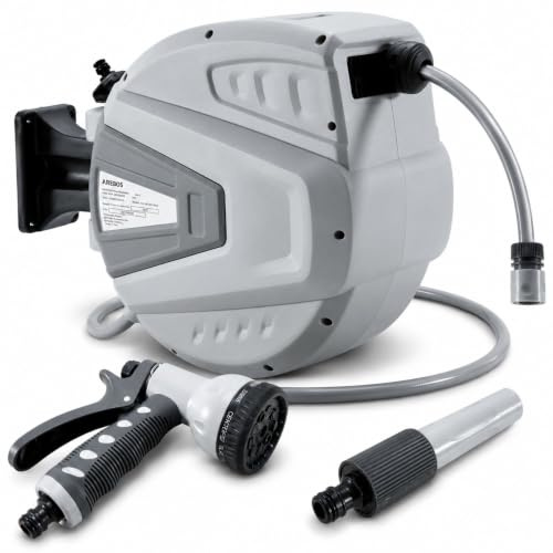 Arebos Schlauchaufroller 30m | Schlauchtrommel Wandschlauchbox | Grau | Wandhalterung | Gartenschlauch Automatischer Aufrollmechanismus & Arretierstop | 9 Sprühfunktionen 180° Schwenkbar