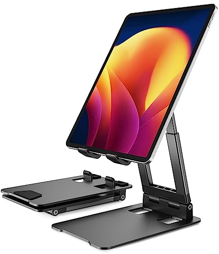 Stabiler Tablet Ständer,Klearlook Faltbarer Tablet Halter mit einstellbarer Höhe/Winkel, Aluminium Universal iPad Ständer für iPad Pro/Mini/Air/iPhone 17 Pro Max/Galaxy Tab/Switch, 4-13 Gerät-Schwarz
