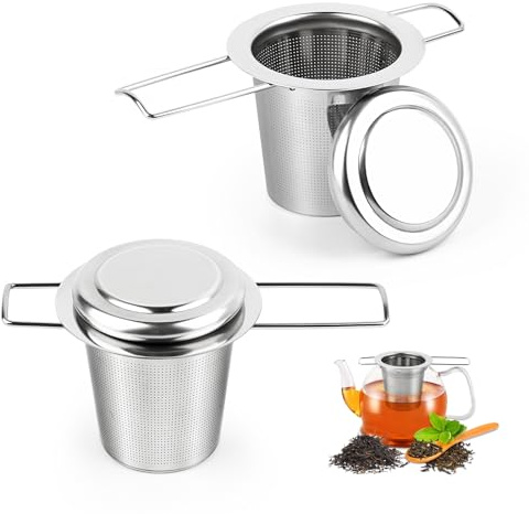 2 Stück Teesieb für Losen Tee, MXTIMWAN Teesieb Edelstahl für Tasse, Teefilter Edelstahl mit Deckel und Faltbare Griffe, Feinmaschiges Tea Infuser für Teekanne, Tasse, Becher, Spülmaschinenfest