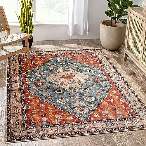 KIMODE Boho Teppich Wohnzimmer, Waschbarer Kurzflor Teppich Groß Orientalischer Kunstwolle rutschfest Schlafzimmer, Vintage für Wohnzimmer, Schlafzimmer, Esszimmer, 150x210cm