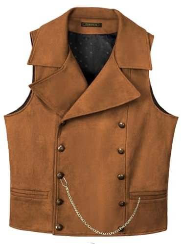 AeoTeokey Herren Anzug Wildleder Weste Zweireiher Klassische Cowboy Weste Kunstleder Großes Revers