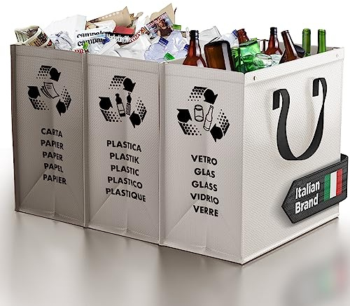 PTMS® Mülleimer 3 Fächer - Mülltrennsystem für Papier, Glas und Plastik | Umweltfreundliche Recycling Organizer Taschen aus sehr resistenten und wiederverwendbaren Materialien - Einfache Entleerung