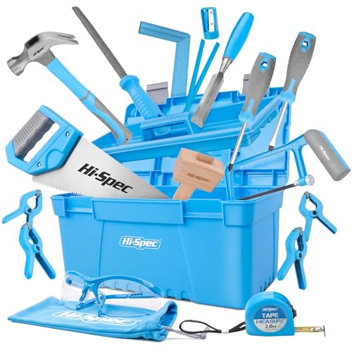Hi-Spec Werkzeugkoffer gefüllt – Werkzeug Set für Anfänger mit Holzschnitzwerkzeug, Holzmeißel, Holzhammer, Handsäge & Bügelsäge für Kinder und junge Tischler, 25-tlg.