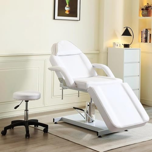LSBIKE Hydraulische Kosmetikliege mit Hocker – 360° drehbare, verstellbare Massageliege mit abnehmbaren Armlehnen & Kopfstütze – Kosmetikstuhl Set für Spa, Tattoo, Gesichtspflege (Weiß)