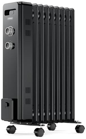 VonHaus Ölradiator Heizkörper 9 Lamellen, Radiator Heizung Elektrisch, Tragbar, Freistehend, 2000W für Heim, Büro- Schwarze Heizkörper, Verstellbarer Thermostat, 3 Heizstufen, 4 Rollen, 1,5 m Kabel