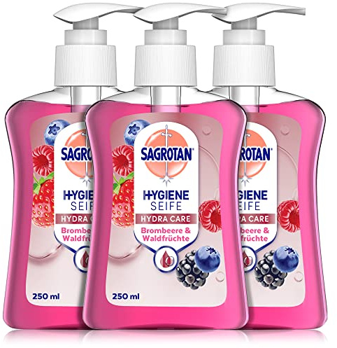 Sagrotan Handseife Brombeere und Waldfrüchte – Hygienische Flüssigseife – 3 x 250 ml Seifenspender