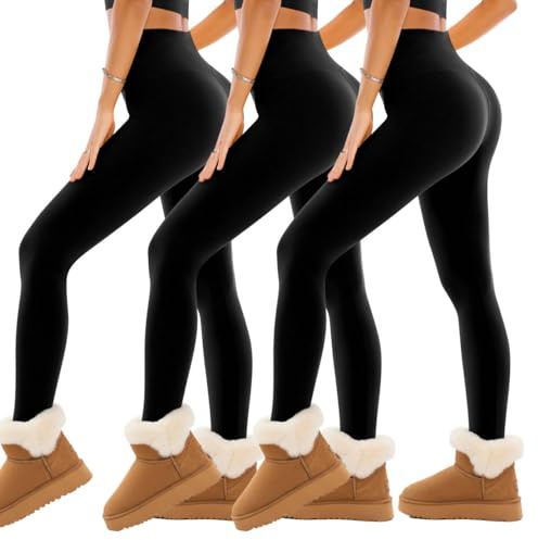 SINOPHANT Gefütterte Leggings Damen, Fleece Thermoleggins High Waist Warm Teddy Sportleggins Strumpfhosen Winter 3 Schwarz,L-XL
