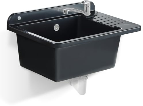 GOSPO Ausgussbecken aus Polystyrol, 50.5 x 34.5 cm, Spülbecken mit Ablagefläche, Waschbecken für Werkstätten, Garagen und Hauswirtschaftsräume (Schwarz, Mit Wasserhahn)