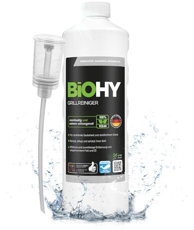 BiOHY Grillreiniger (1l Flasche) + Dosierer | Reiniger für Holzkohle-, Gas- und Elektrogrill | Hocheffektiv gegen angebranntes Fett und Öl | Pflegt und schont das Material | Veganes Bio Konzentrat