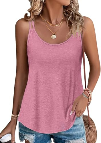 PLOKNRD Damen Top Spaghetti Träger Ärmellos Sommer Locker Oberteile | Luftige Tanktops, Rundhals-Blusentop aus weichem, leichtem Stoff, geschwungener Saum. Vielseitig für Alltag, Strand & Urlaub
