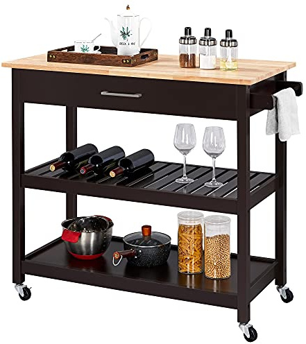 Yaheetech Servierwagen mit Schublade Küchenwagen mit 2 Ablagen Rollwagen Küchenrollwagen mit 4 Rollen Küchenregal Bewegliche Kücheninseln Beistelltisch 51 x 101,5 x 92 cm, braun