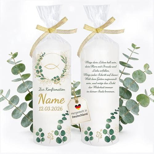 Kerze Konfirmation individuell mit Namen als Tischdeko. Tischdekoration Konfirmation als Geschenk personalisierbar. Liebevolle Kerze Taube Frieden Tiere Brenndauer: 35 Stunden, Ø6 x Höhe 16,5 cm