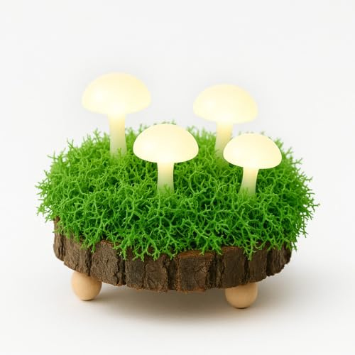AraToka Handgefertigte Pilzlampe – Magisches Waldlicht als Nachtlicht für Kinder & Erwachsene, mit echtem Moos, LED & Naturholz – Kabellos & batteriebetrieben
