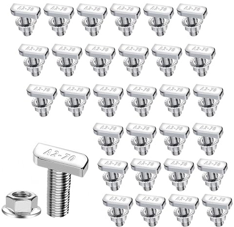 30 Stück Hammerkopfschrauben Set, M10 x 25mm Hammerkopfschraube mit Sperrzahnmuttern Edelstahl A2-70 Flanschmuttern T Schrauben M10 für T Nut Schiene Gewächshaus Profilschienen
