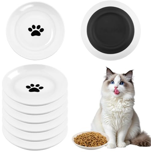 Foydream 6 Stück Futternapf Katze, Katzennapf Flach, Katzenteller, Keramiknapf Katze mit Rutschfestem Silikonboden, Katzenfutternapf, Katzenschale für Katzen Kätzchen Kleine Hunde, Weiß 15×15×2,8 cm