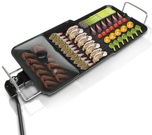 AEWHALE 3-in-1 Grillplatte Elektrisch，2000W XL Tischgrill Schwarz | Geeignet für sechs Personen, Antihaftbeschichtung, einstellbare Temperatur, für den Innen- und Außenbereich geeignet