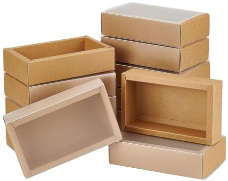 BENECREAT 12 Pack Kraftpapier Geschenkboxen mit klarem Deckel 17x10x4cm PVC Mattierte Abdeckung Kraftpapier Schublade Box für Schmuck Speicher Display, Hochzeit, Valentinstag Geschenke