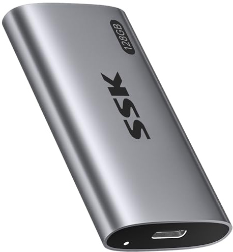 SSK Externe SSD 128GB, USB 3.2 Gen2 Portable SSD, bis zu 550 MB/s, Externe Festplatte mit USB C&A 2 in 1 Kabel, External Solid State Drive für iPhone 16/15/17-Serie/Laptop/Desktop/Smartphone/Tablet